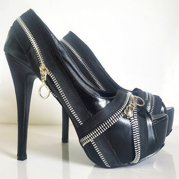 Show Story Punk Zip Peeptoe Platform 5.5" Heels Pumps Stilletto Black Sexy New - Picture 3 of 15